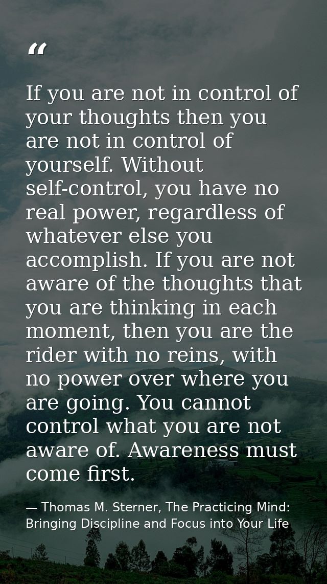 If you are not in control of your thoughts then you are not in control of yourself. Without self-control, you have no re — Thomas M. Sterner, The Practicing Mind: Bringing Discipline and Focus into Your Life