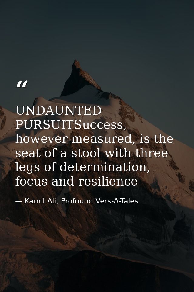UNDAUNTED PURSUITSuccess, however measured, is the seat of a stool with three legs of determination, focus and resilienc — Kamil Ali, Profound Vers-A-Tales