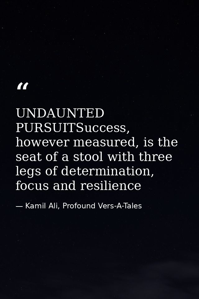UNDAUNTED PURSUITSuccess, however measured, is the seat of a stool with three legs of determination, focus and resilienc — Kamil Ali, Profound Vers-A-Tales