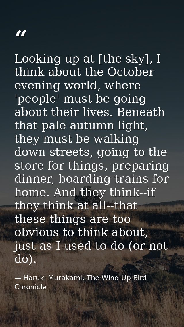 Looking up at [the sky], I think about the October evening world, where 'people' must be going about their lives. Beneat — Haruki Murakami, The Wind-Up Bird Chronicle