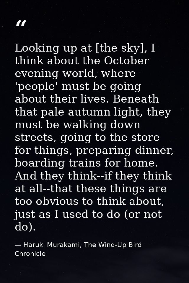 Looking up at [the sky], I think about the October evening world, where 'people' must be going about their lives. Beneat — Haruki Murakami, The Wind-Up Bird Chronicle