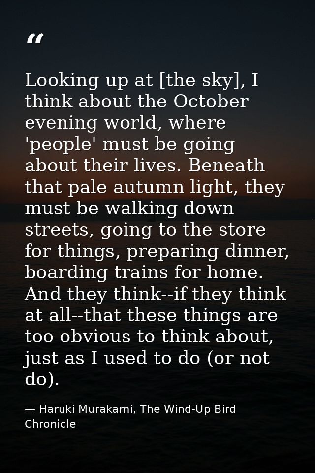Looking up at [the sky], I think about the October evening world, where 'people' must be going about their lives. Beneat — Haruki Murakami, The Wind-Up Bird Chronicle