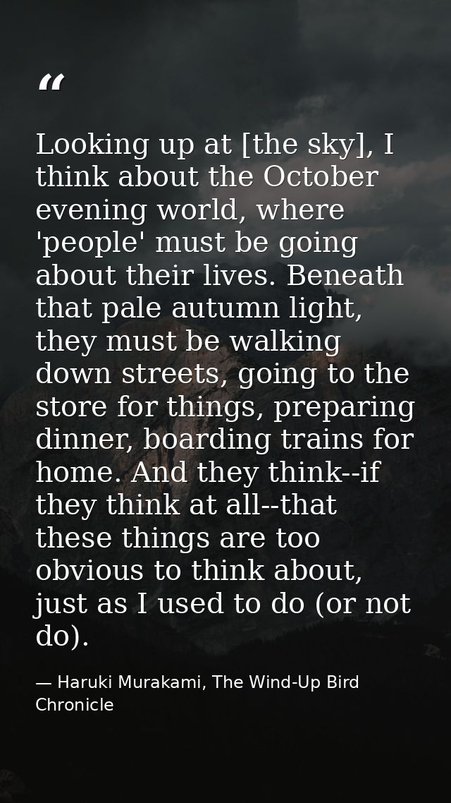 Looking up at [the sky], I think about the October evening world, where 'people' must be going about their lives. Beneat — Haruki Murakami, The Wind-Up Bird Chronicle