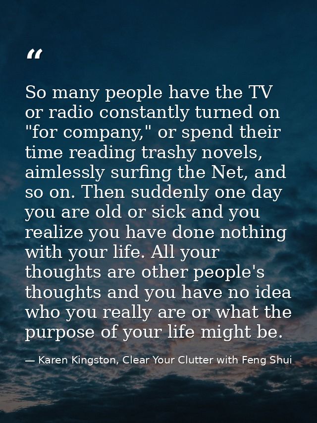 So many people have the TV or radio constantly turned on "for company," or spend their time reading trashy novels, aimle — Karen Kingston, Clear Your Clutter with Feng Shui