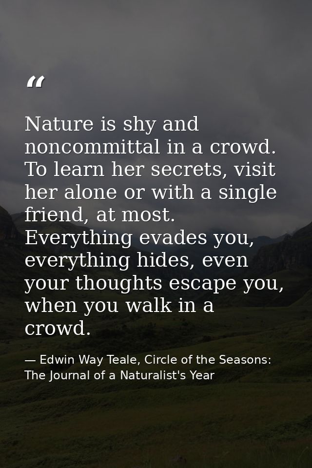 Nature is shy and noncommittal in a crowd. To learn her secrets, visit her alone or with a single friend, at most. Every — Edwin Way Teale, Circle of the Seasons: The Journal of a Naturalist's Year