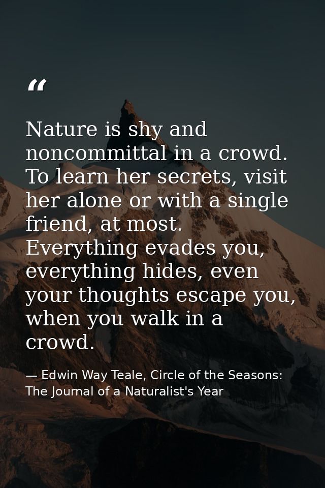 Nature is shy and noncommittal in a crowd. To learn her secrets, visit her alone or with a single friend, at most. Every — Edwin Way Teale, Circle of the Seasons: The Journal of a Naturalist's Year