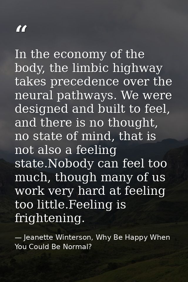 In the economy of the body, the limbic highway takes precedence over the neural pathways. We were designed and built to  — Jeanette Winterson, Why Be Happy When You Could Be Normal?