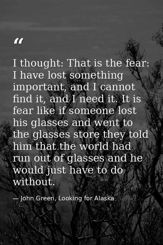 I thought: That is the fear: I have lost something important, and I cannot find it, and I need it. It is fear like if so — John Green, Looking for Alaska