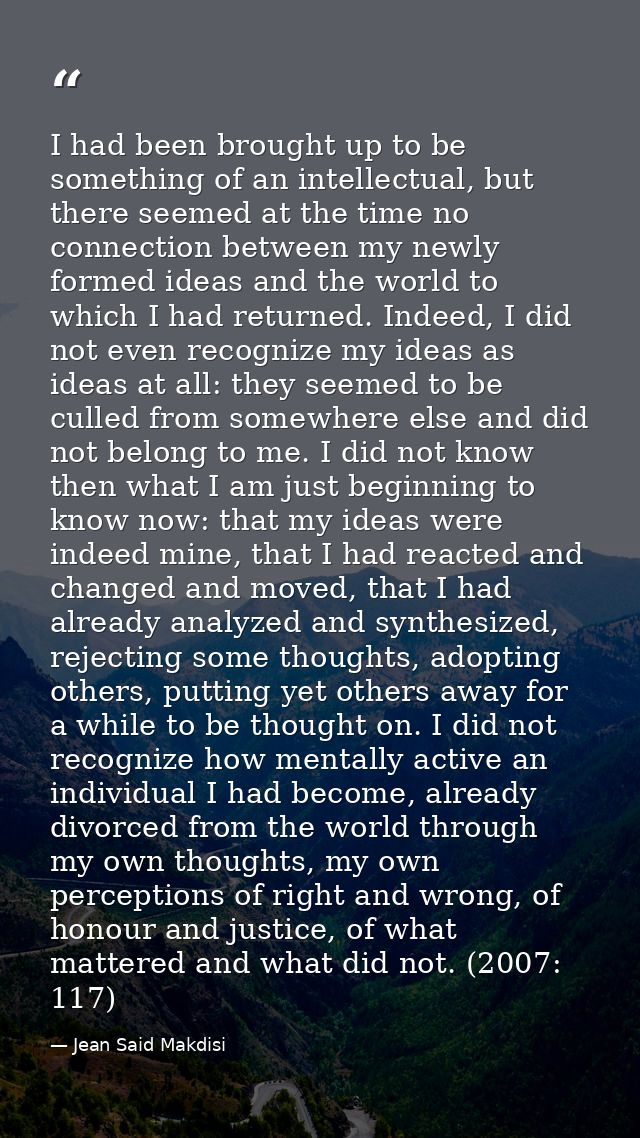 I had been brought up to be something of an intellectual, but there seemed at the time no connection between my newly fo — Jean Said Makdisi