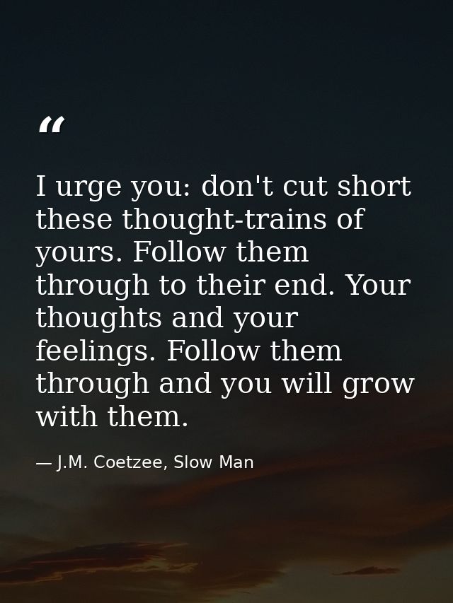 I urge you: don't cut short these thought-trains of yours. Follow them through to their end. Your thoughts and your feel — J.M. Coetzee, Slow Man