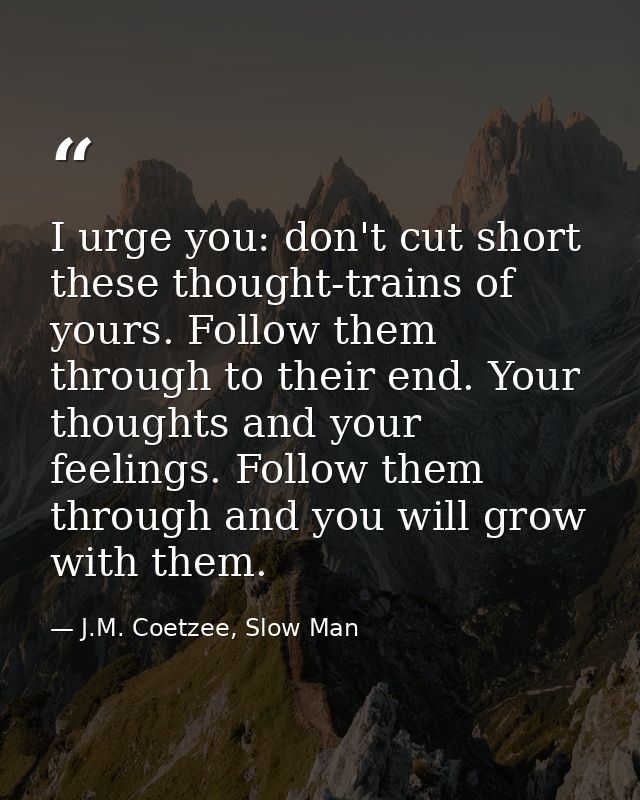 I urge you: don't cut short these thought-trains of yours. Follow them through to their end. Your thoughts and your feel — J.M. Coetzee, Slow Man