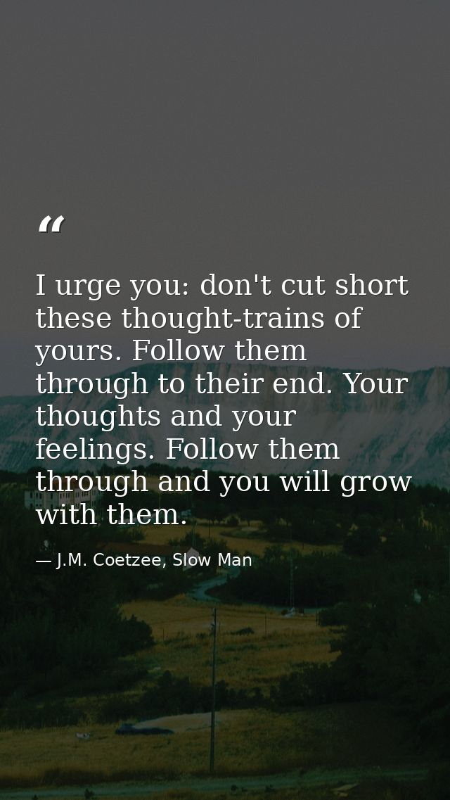 I urge you: don't cut short these thought-trains of yours. Follow them through to their end. Your thoughts and your feel — J.M. Coetzee, Slow Man