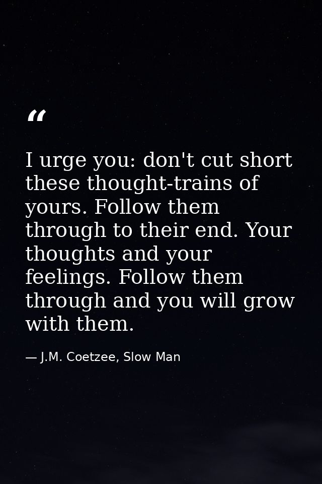 I urge you: don't cut short these thought-trains of yours. Follow them through to their end. Your thoughts and your feel — J.M. Coetzee, Slow Man