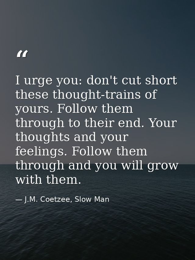 I urge you: don't cut short these thought-trains of yours. Follow them through to their end. Your thoughts and your feel — J.M. Coetzee, Slow Man
