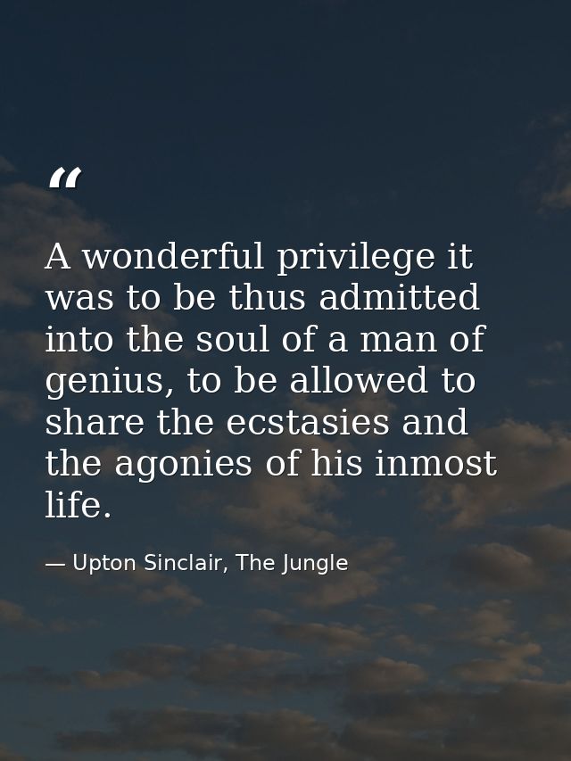 A wonderful privilege it was to be thus admitted into the soul of a man of genius, to be allowed to share the ecstasies  — Upton Sinclair, The Jungle