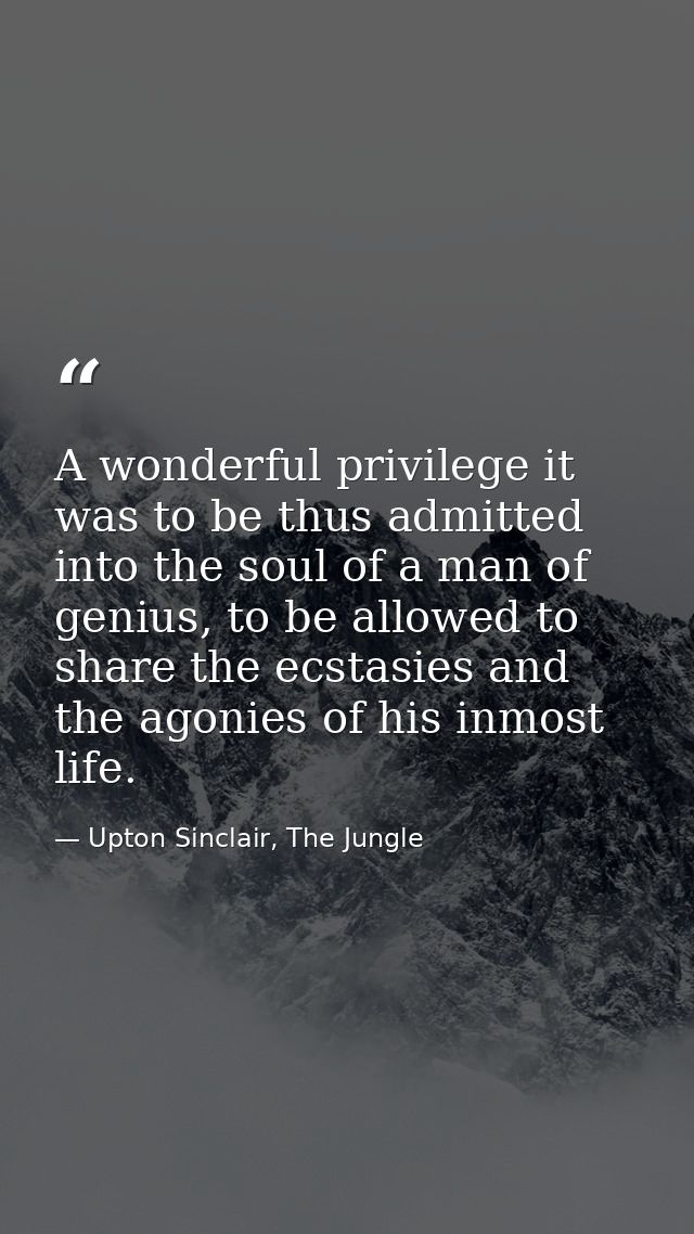 A wonderful privilege it was to be thus admitted into the soul of a man of genius, to be allowed to share the ecstasies  — Upton Sinclair, The Jungle