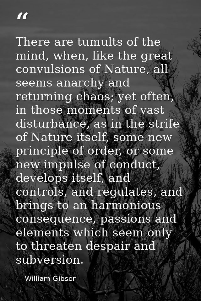There are tumults of the mind, when, like the great convulsions of Nature, all seems anarchy and returning chaos; yet of — William Gibson