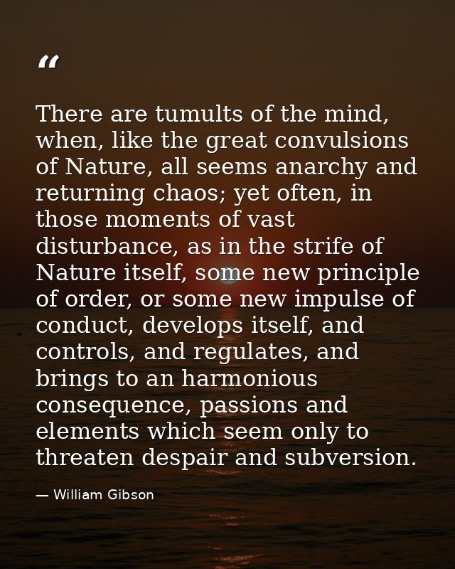 There are tumults of the mind, when, like the great convulsions of Nature, all seems anarchy and returning chaos; yet of — William Gibson