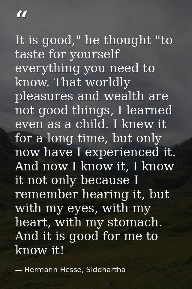It is good," he thought "to taste for yourself everything you need to know. That worldly pleasures and wealth are not go — Hermann Hesse, Siddhartha