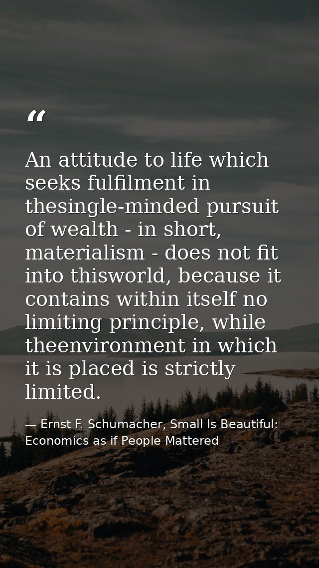 An attitude to life which seeks fulfilment in thesingle-minded pursuit of wealth - in short, materialism - does not fit  — Ernst F. Schumacher, Small Is Beautiful: Economics as if People Mattered