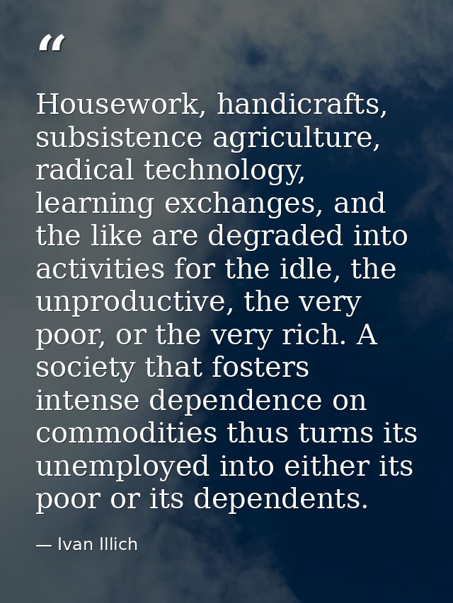 Housework, handicrafts, subsistence agriculture, radical technology, learning exchanges, and the like are degraded into  — Ivan Illich