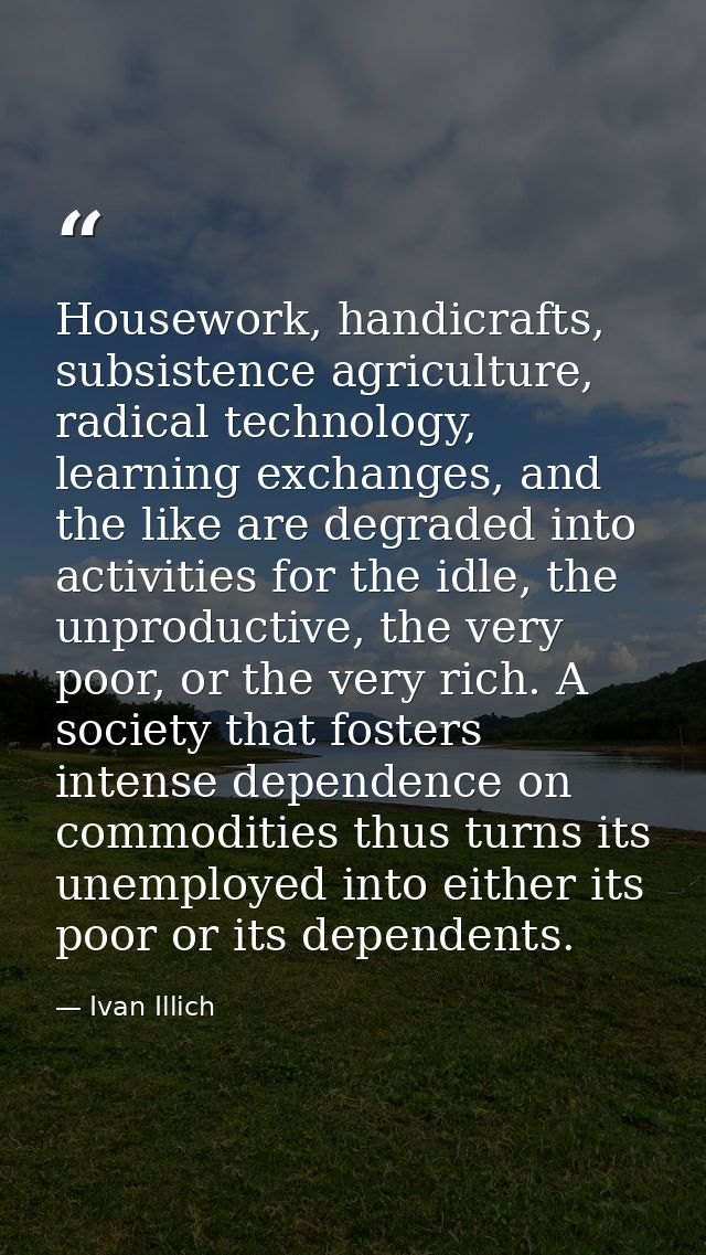 Housework, handicrafts, subsistence agriculture, radical technology, learning exchanges, and the like are degraded into  — Ivan Illich