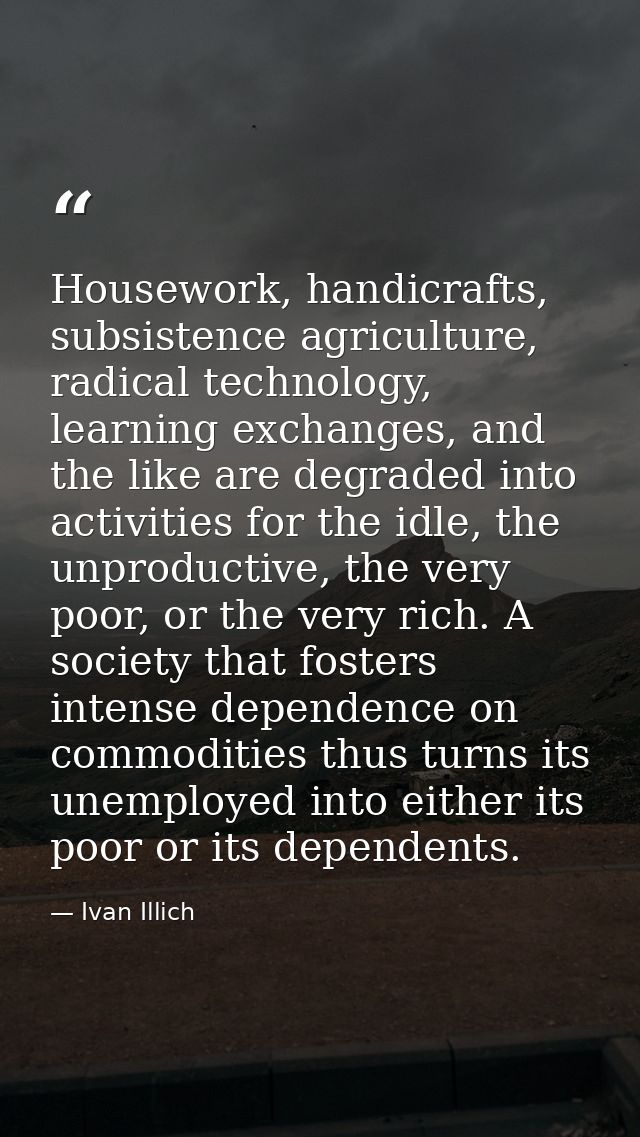 Housework, handicrafts, subsistence agriculture, radical technology, learning exchanges, and the like are degraded into  — Ivan Illich
