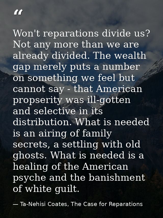 Won't reparations divide us? Not any more than we are already divided. The wealth gap merely puts a number on something  — Ta-Nehisi Coates, The Case for Reparations