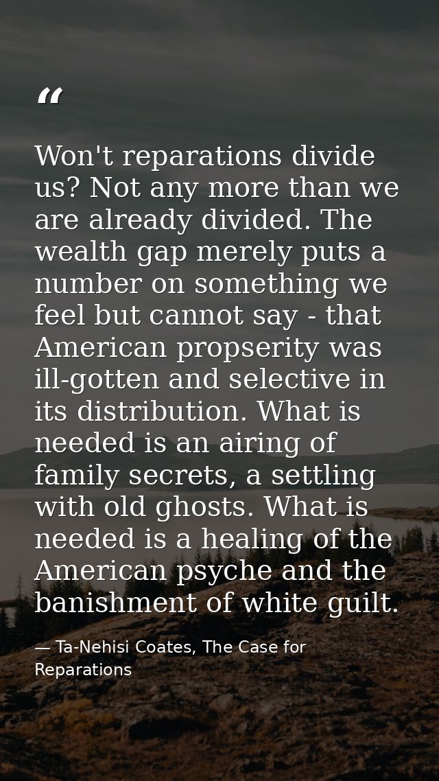 Won't reparations divide us? Not any more than we are already divided. The wealth gap merely puts a number on something  — Ta-Nehisi Coates, The Case for Reparations