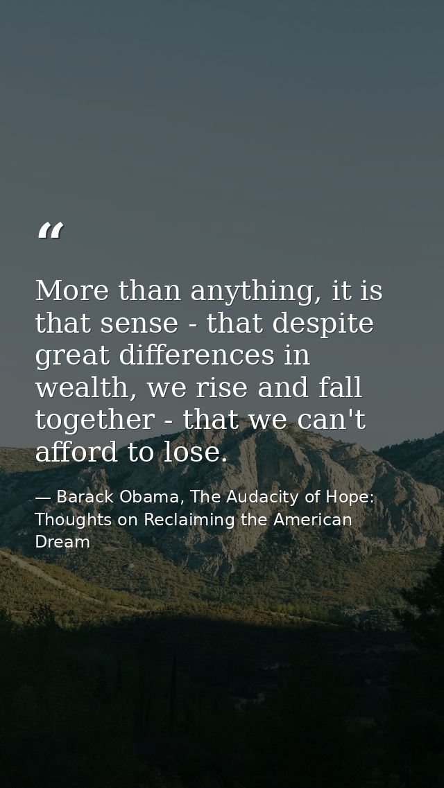 More than anything, it is that sense - that despite great differences in wealth, we rise and fall together - that we can — Barack Obama, The Audacity of Hope: Thoughts on Reclaiming the American Dream
