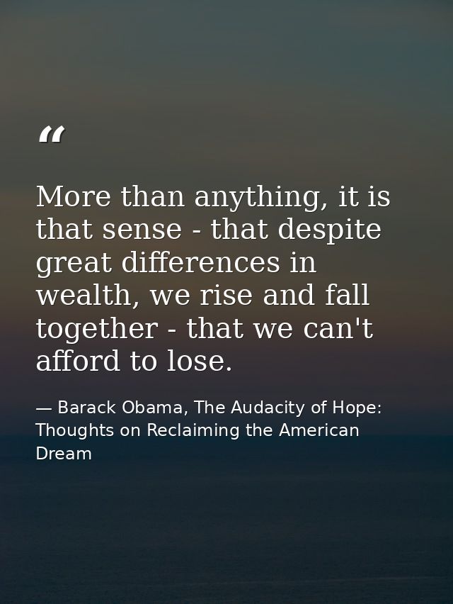 More than anything, it is that sense - that despite great differences in wealth, we rise and fall together - that we can — Barack Obama, The Audacity of Hope: Thoughts on Reclaiming the American Dream