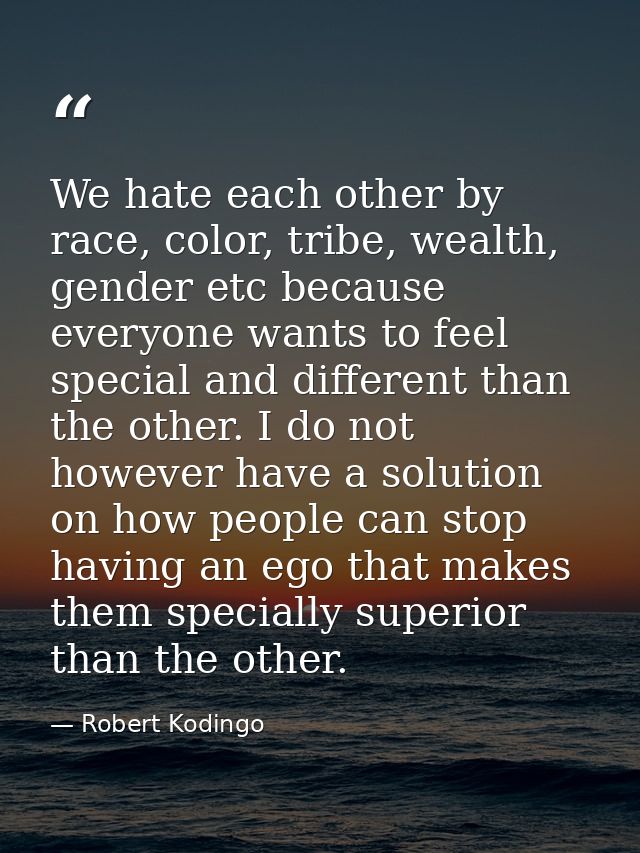 We hate each other by race, color, tribe, wealth, gender etc because everyone wants to feel special and different than t — Robert Kodingo