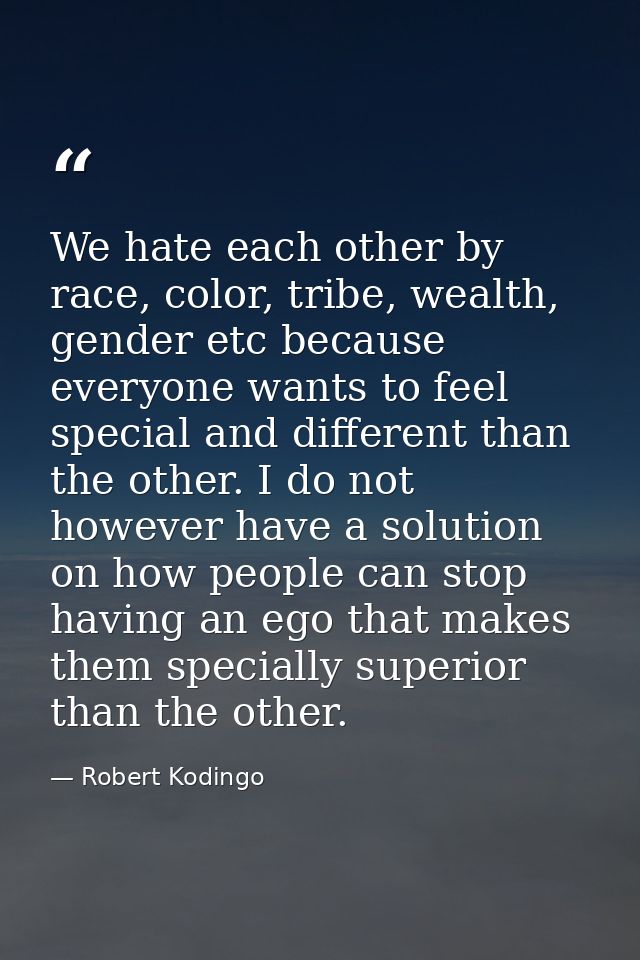We hate each other by race, color, tribe, wealth, gender etc because everyone wants to feel special and different than t — Robert Kodingo