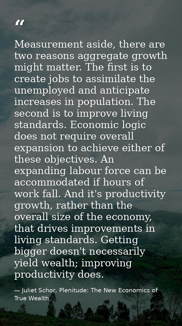 Measurement aside, there are two reasons aggregate growth might matter. The first is to create jobs to assimilate the un — Juliet Schor, Plenitude: The New Economics of True Wealth