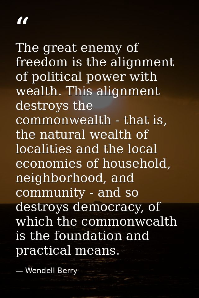 The great enemy of freedom is the alignment of political power with wealth. This alignment destroys the commonwealth - t — Wendell Berry