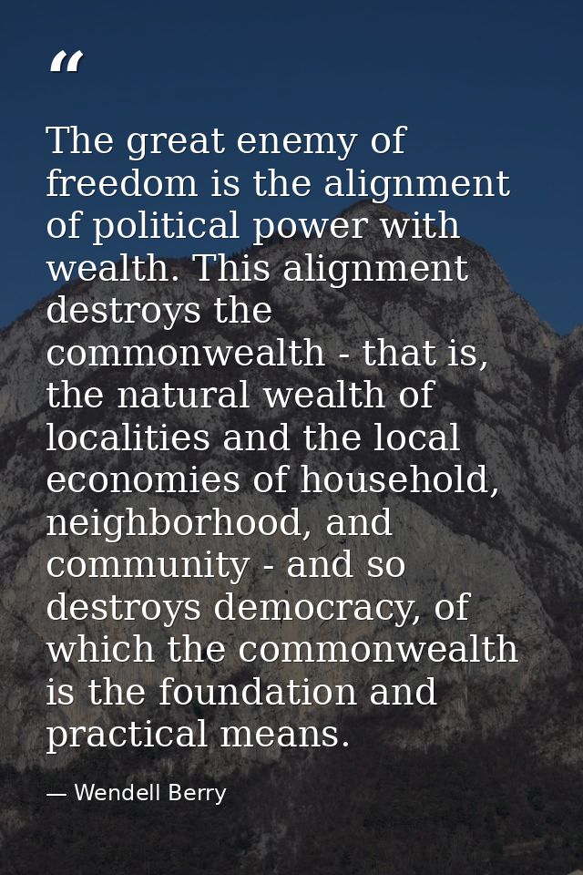 The great enemy of freedom is the alignment of political power with wealth. This alignment destroys the commonwealth - t — Wendell Berry