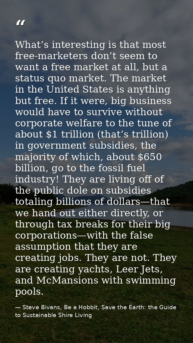 What’s interesting is that most free-marketers don’t seem to want a free market at all, but a status quo market. The mar — Steve Bivans, Be a Hobbit, Save the Earth: the Guide to Sustainable Shire Living