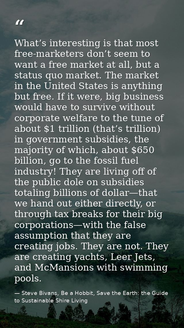 What’s interesting is that most free-marketers don’t seem to want a free market at all, but a status quo market. The mar — Steve Bivans, Be a Hobbit, Save the Earth: the Guide to Sustainable Shire Living