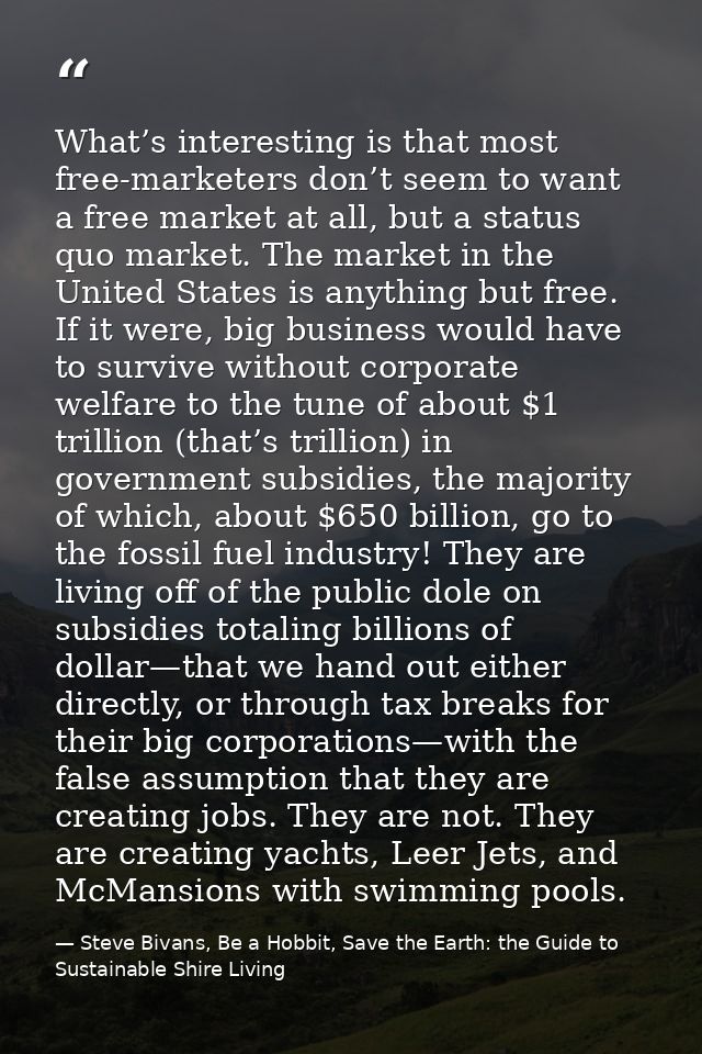 What’s interesting is that most free-marketers don’t seem to want a free market at all, but a status quo market. The mar — Steve Bivans, Be a Hobbit, Save the Earth: the Guide to Sustainable Shire Living
