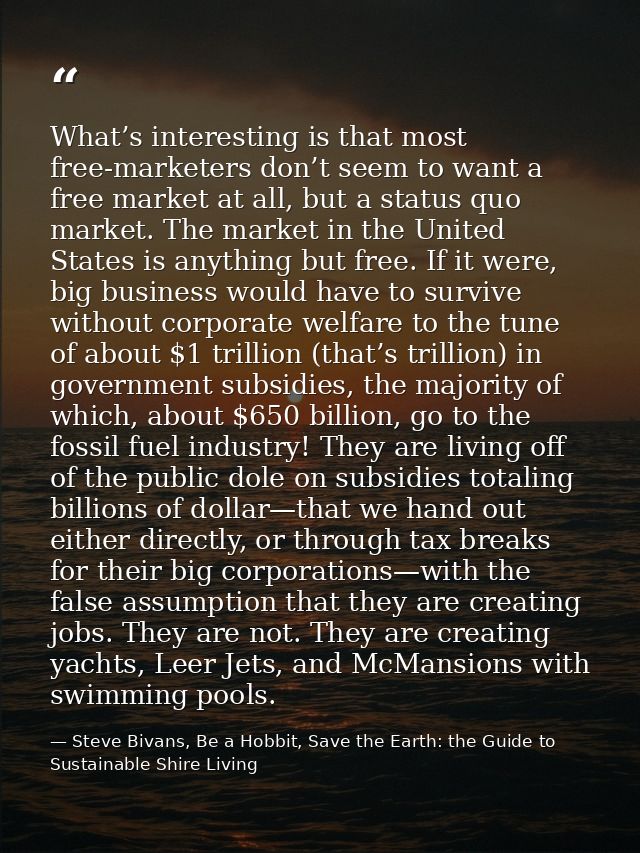 What’s interesting is that most free-marketers don’t seem to want a free market at all, but a status quo market. The mar — Steve Bivans, Be a Hobbit, Save the Earth: the Guide to Sustainable Shire Living