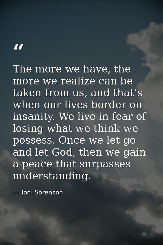 The more we have, the more we realize can be taken from us, and that’s when our lives border on insanity. We live in fea — Toni Sorenson