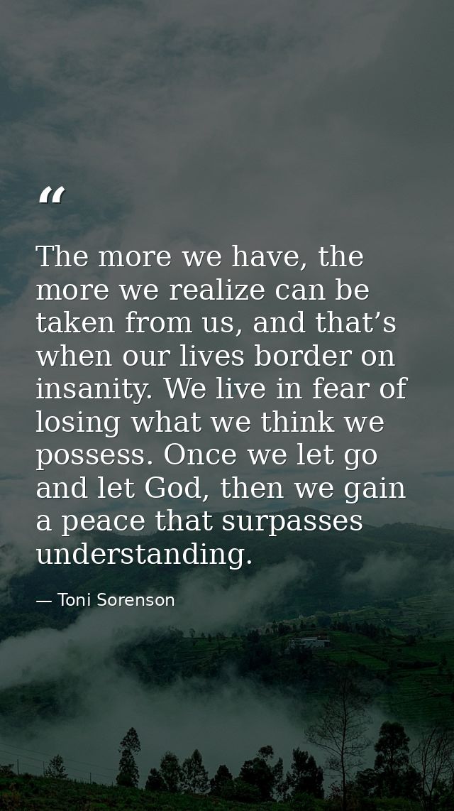 The more we have, the more we realize can be taken from us, and that’s when our lives border on insanity. We live in fea — Toni Sorenson