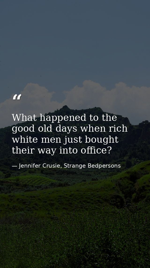 What happened to the good old days when rich white men just bought their way into office? — Jennifer Crusie, Strange Bedpersons