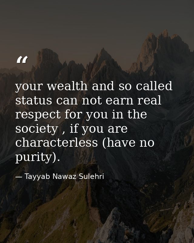 your wealth and so called status can not earn real respect for you in the society , if you are characterless (have no pu — Tayyab Nawaz Sulehri