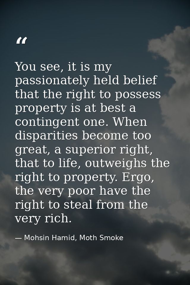 You see, it is my passionately held belief that the right to possess property is at best a contingent one. When disparit — Mohsin Hamid, Moth Smoke