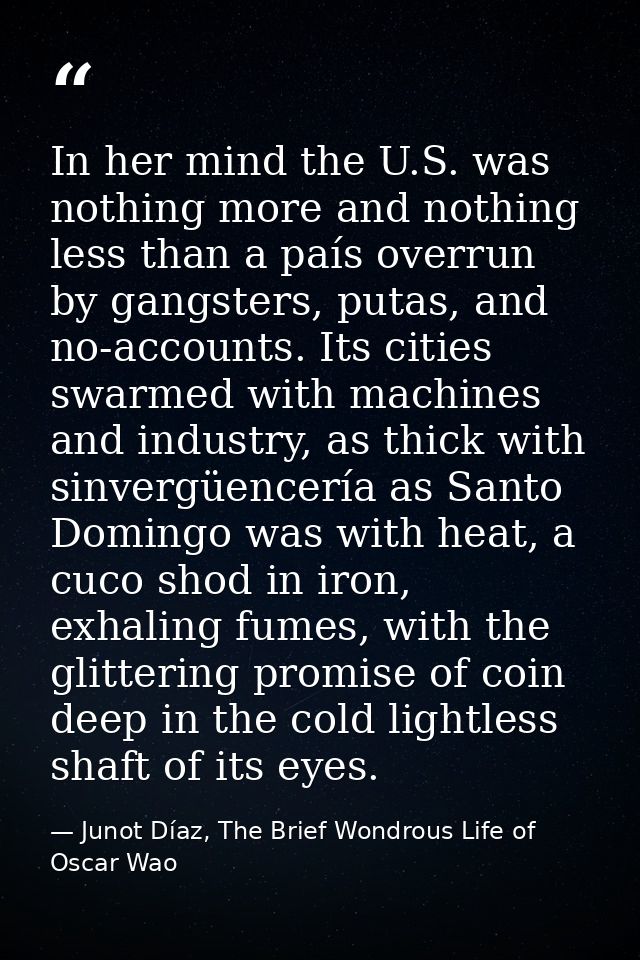 In her mind the U.S. was nothing more and nothing less than a país overrun by gangsters, putas, and no-accounts. Its cit — Junot Díaz, The Brief Wondrous Life of Oscar Wao