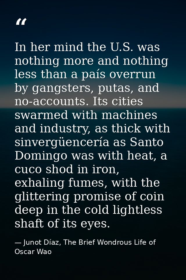 In her mind the U.S. was nothing more and nothing less than a país overrun by gangsters, putas, and no-accounts. Its cit — Junot Díaz, The Brief Wondrous Life of Oscar Wao
