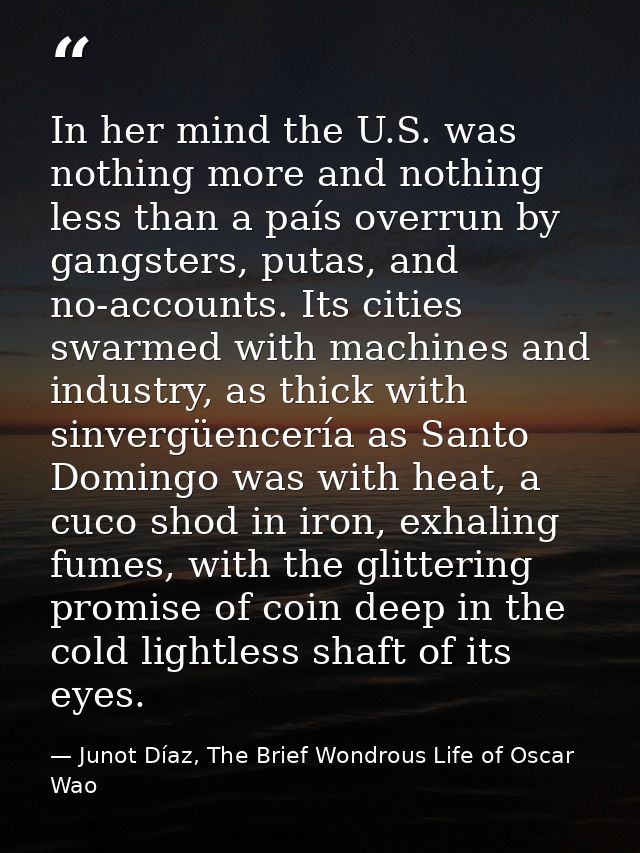 In her mind the U.S. was nothing more and nothing less than a país overrun by gangsters, putas, and no-accounts. Its cit — Junot Díaz, The Brief Wondrous Life of Oscar Wao