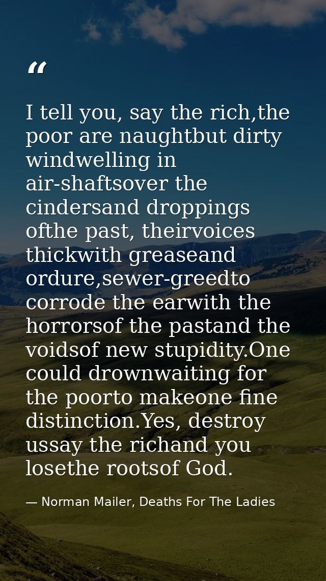 I tell you, say the rich,the poor are naughtbut dirty windwelling in air-shaftsover the cindersand droppings ofthe past, — Norman Mailer, Deaths For The Ladies