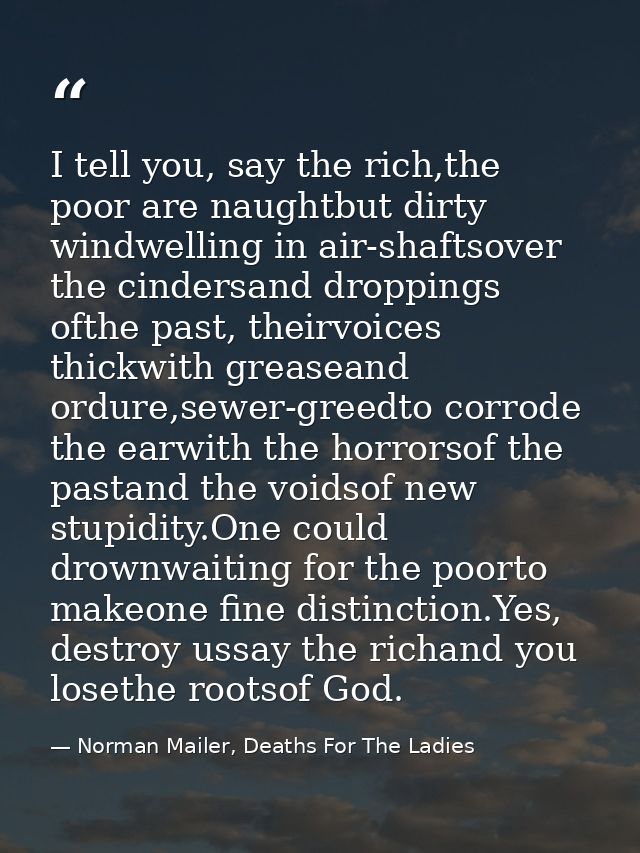 I tell you, say the rich,the poor are naughtbut dirty windwelling in air-shaftsover the cindersand droppings ofthe past, — Norman Mailer, Deaths For The Ladies